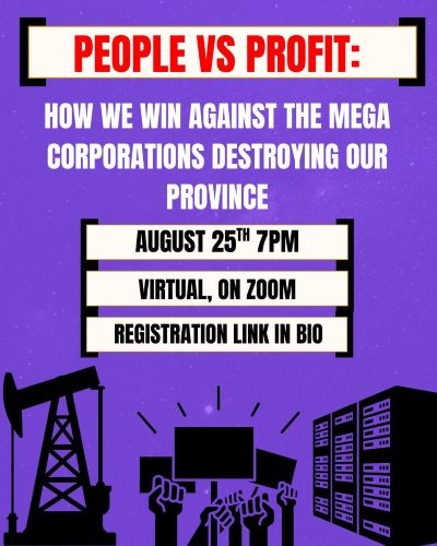Poster with event details with icons for an oil well, a computer server rack, and people with protest signs and rasied fists. 